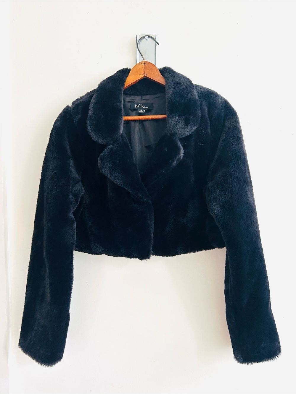 BCX Black Faux Fur Cropped Teddy Jacket